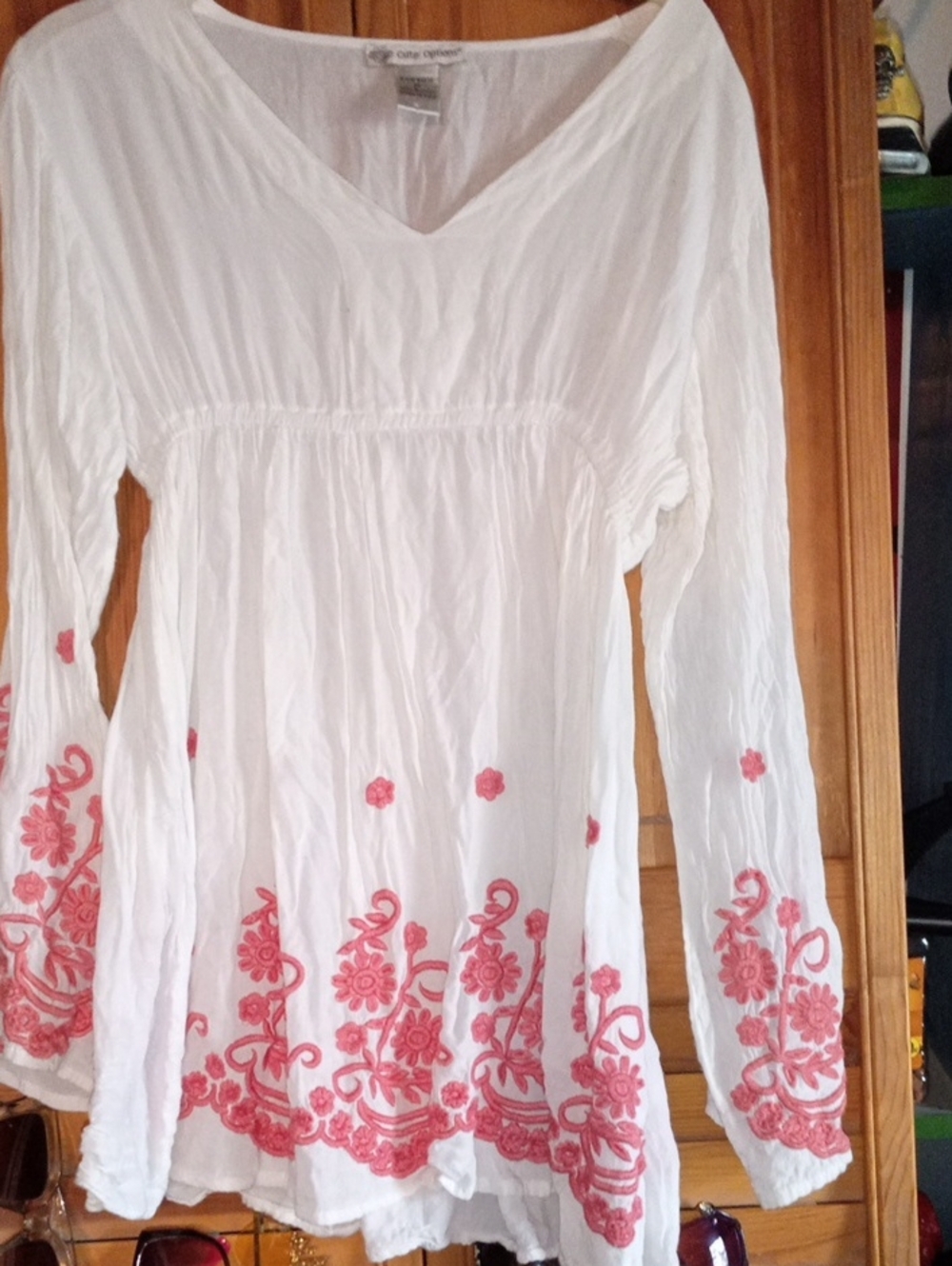 White Tunic Top with Pink Embroidered Hem - Casual Women’s Tunic
